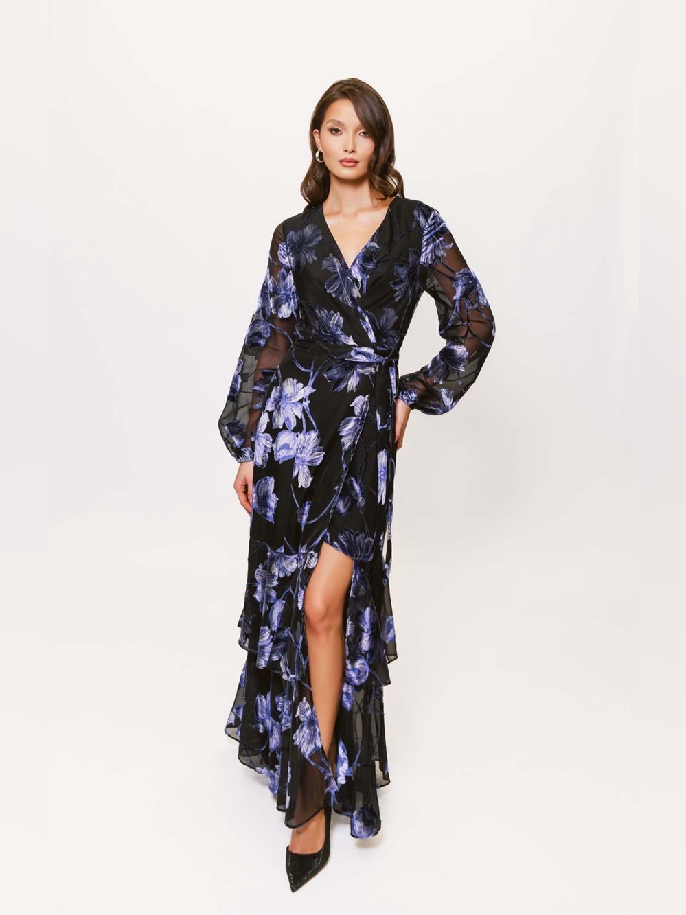 Hutch Black Wrap Maxi Dress with Blue Floral Print